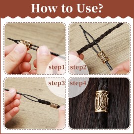 Geosar 24 Pcs Norse Vikings Runes Hair Beard Beads for Bracelets Necklace Accessories DIY Includes 7 Pcs Pull Hair Pin Quick Beader Tool and Black Rubber Bands for Women Men(Gold)