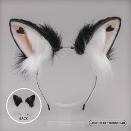 Faylay Plush Furry Rabbit Headwear with Cute Heart Imprint Artificial Bunny Ear Headband Simulation (3-Black)