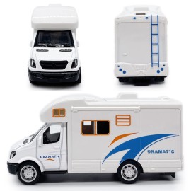 Mini Toy Camper RV Motorhome Toys for Boys Pull Back Diecast Model Car Recreational Vehicle Adventure with Furniture Roof and Side Door Open Childrens Vehicles Age 4 5 6 Kids Birthday Gifts, White