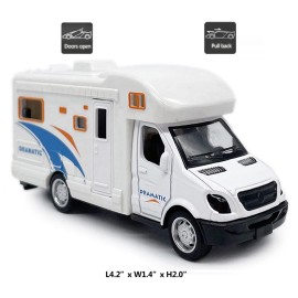 Mini Toy Camper RV Motorhome Toys for Boys Pull Back Diecast Model Car Recreational Vehicle Adventure with Furniture Roof and Side Door Open Childrens Vehicles Age 4 5 6 Kids Birthday Gifts, White