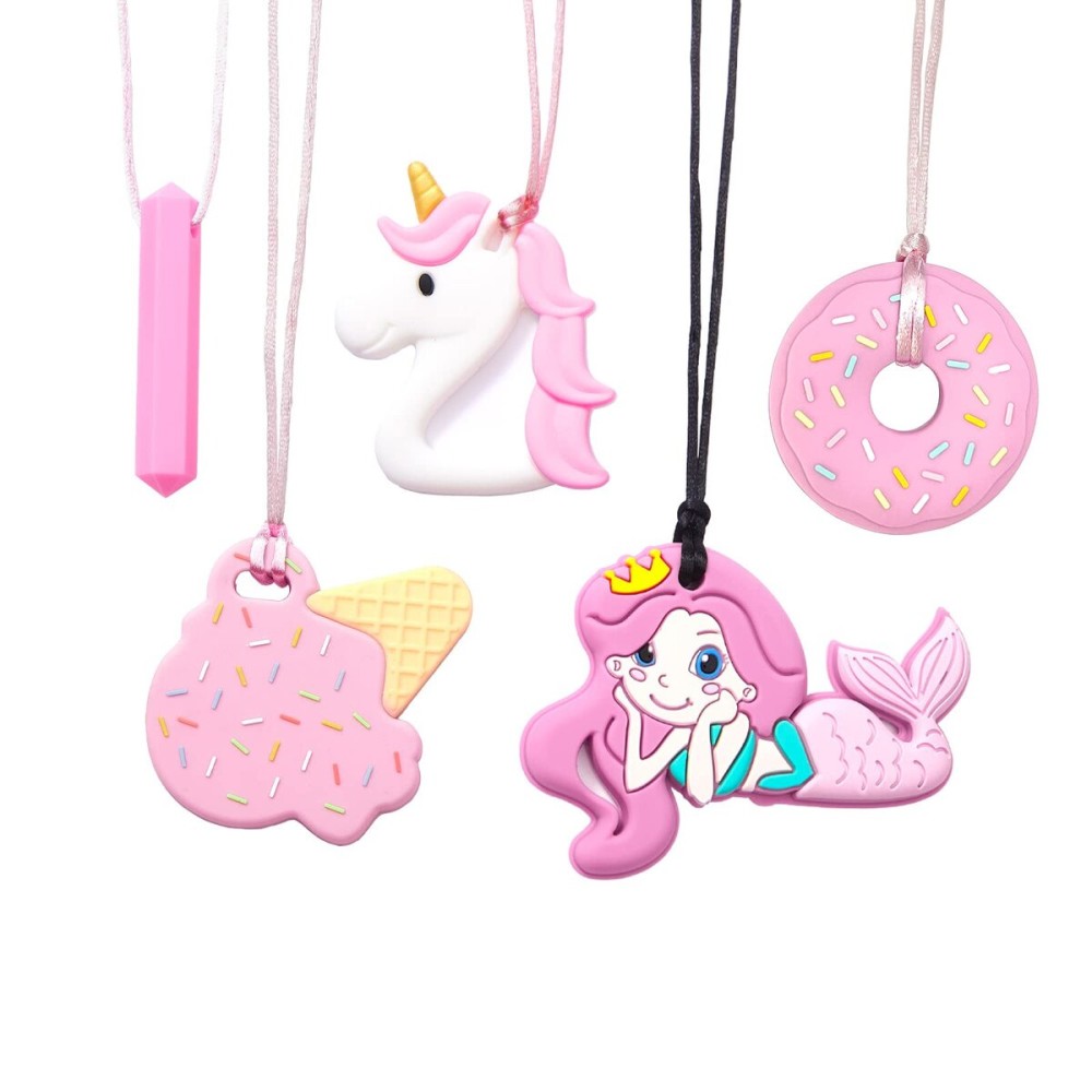 Chew Necklaces for Sensory Kids 5 PCS Chewy Necklaces That Like Biting or Have Autism-Perfectly Textured Chewelry Kid Girl Teether Chewing Toys-Chewy Toddler Chew Toys for Aggressive Chewers Kids