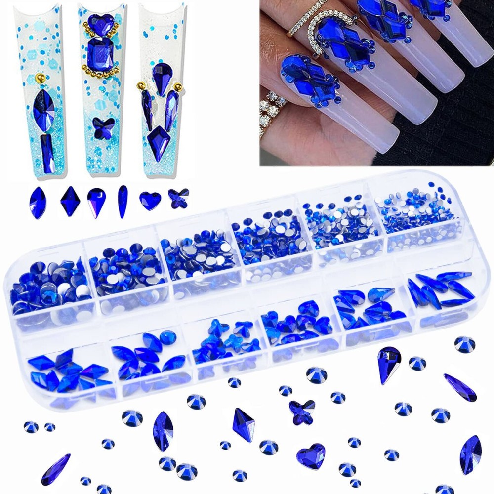 660Pcs Royal Blue Crystals Rhinestones Nail Art Flat Back Round Multi Sized Shapes Blue Gems Rhinestone Stones Beads for Nail Art DIY Jewelry Crafts Accessories
