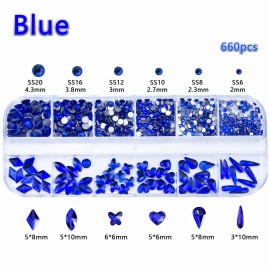 660Pcs Royal Blue Crystals Rhinestones Nail Art Flat Back Round Multi Sized Shapes Blue Gems Rhinestone Stones Beads for Nail Art DIY Jewelry Crafts Accessories
