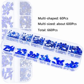 660Pcs Royal Blue Crystals Rhinestones Nail Art Flat Back Round Multi Sized Shapes Blue Gems Rhinestone Stones Beads for Nail Art DIY Jewelry Crafts Accessories