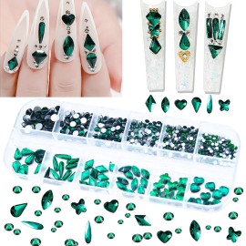 660Pcs Emerald Green Nail Rhinestones Crystals Nail Art Flat Back Round Multi Sized Shapes Green Gems Rhinestone Stones Beads for Nail Art DIY Jewelry Crafts Accessories