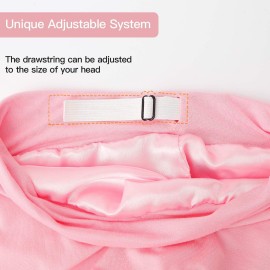Silk Satin Lined Bonnet Sleep Cap - Adjustable Stay on All Night Hair Wrap Cover Slouchy Beanie for Curly Hair Protection for Women and Men - Black & Pink
