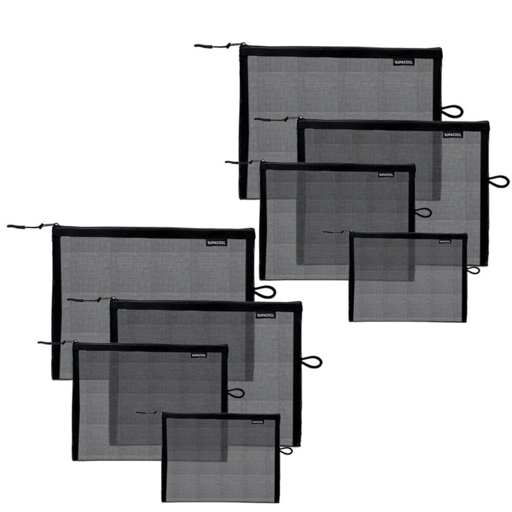 SUPACOOL Set of 8 Travel Mesh Makeup Bag, Cosmetic Organizer Pouches with Zipper, Diaper Organizing Pouches, Nylon Toiletries Bag for Women and Men(8pcs, Black)