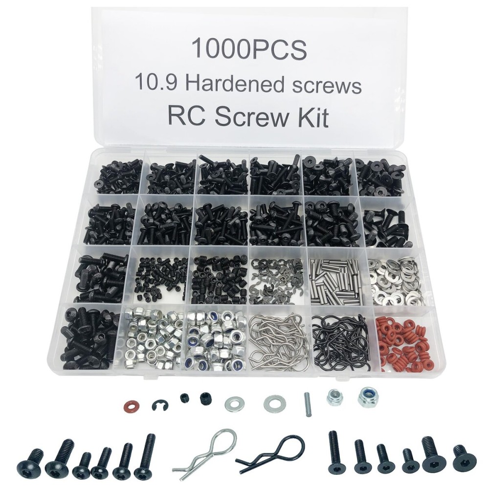 1000pcs Universal RC Screw Kit Screws Assortment Set, Hardware Fasteners for Traxxas Axial Redcat HPI Arrma SCX10 Losi 1/8 1/10 1/12 1/16 Scale RC Cars Trucks Crawler (1000pcs RC Screws)