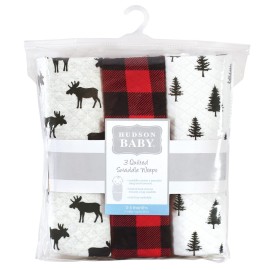 Hudson Baby Unisex Baby Quilted Cotton Swaddle Wrap 3pk, Moose, 0-3 Months
