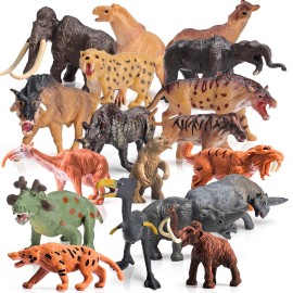 LC JoyCre Mini Prehistoric Animals Toys 2Inch Wildlife Mammals Mini Set 18PCS Woolly Mammoth Animal Bulk Figurines Saber-Toothed Tiger Model Dire Wolf Figure Kids Birthday Gift