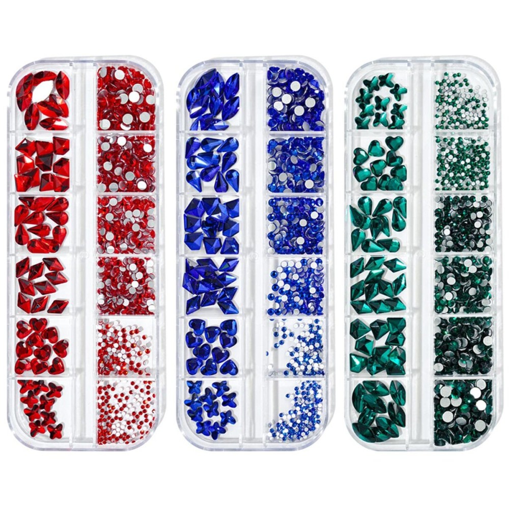 Walacot 1650 Pcs Crystal Nail Rhinestone Kit Green Red Blue Color with Round Flat Back and Mixed Shapes Rhinestone Nail Art DIY Gem Bead for Girls Women