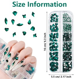 Walacot 1650 Pcs Crystal Nail Rhinestone Kit Green Red Blue Color with Round Flat Back and Mixed Shapes Rhinestone Nail Art DIY Gem Bead for Girls Women