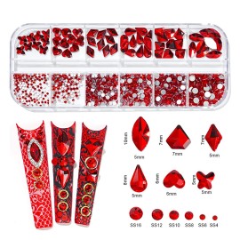 Walacot 1650 Pcs Crystal Nail Rhinestone Kit Green Red Blue Color with Round Flat Back and Mixed Shapes Rhinestone Nail Art DIY Gem Bead for Girls Women