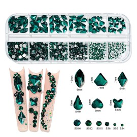 Walacot 1650 Pcs Crystal Nail Rhinestone Kit Green Red Blue Color with Round Flat Back and Mixed Shapes Rhinestone Nail Art DIY Gem Bead for Girls Women