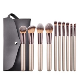 Hexue 10 pcs Champagne Gold Makeup Brush Set, 16 Total Makeup Brushes, No Shed, Cruelty-free, Silky feel, Plus Carrying Bag