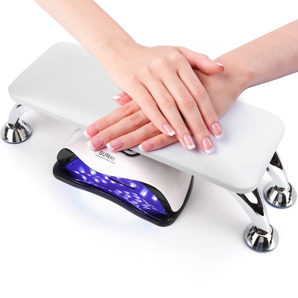 Nail Arm Rest for Acrylic Nails, Microfiber Leather Nail Hand Rest Cushion for Nails, Soft Hand Pillow Footstool with 4 Stainless Steel Stands Thick Sponge Nail Pillow for Nail Tech Use (White)