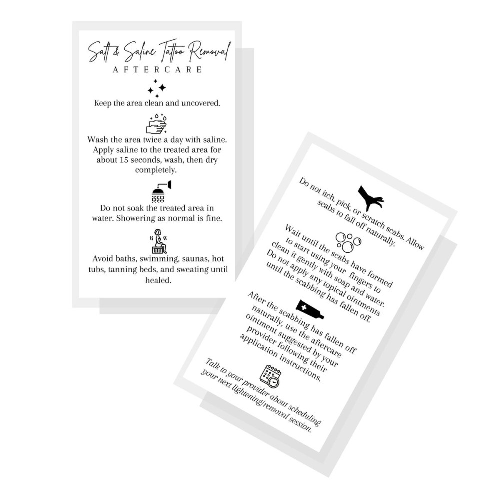 Salt & Saline Tattoo Removal Aftercare Instructions | 50 Pack | Size 2x3.5 inch Business Sized Card | Safe Tattoo Lightening Removal | White Card Design