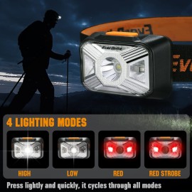 EverBrite Headlamps Rechargeable with Red Light - Outdoor LED Flashlight Head Lamps, Waterproof Dustproof Gear for Hiking Camping Essentials, 2 Pack