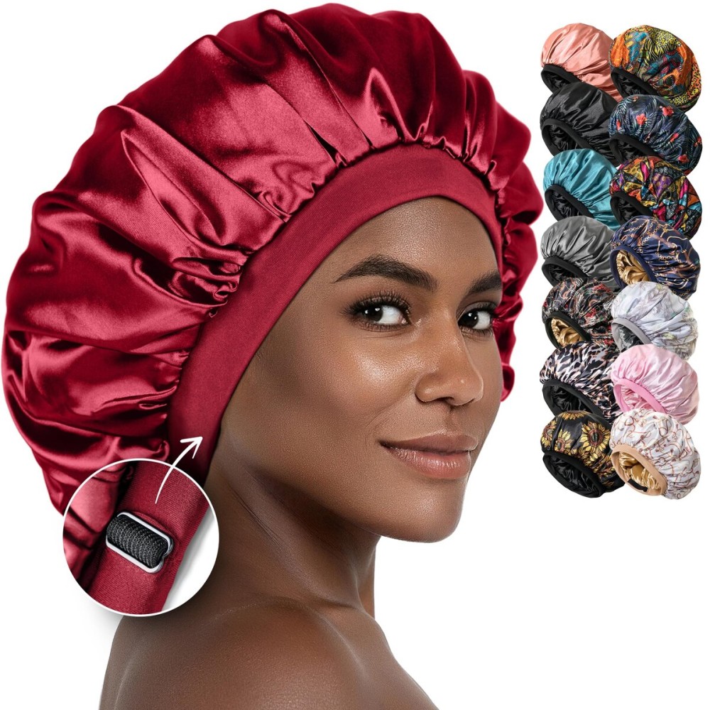 CAPLORD Adjustable Satin Bonnet for Sleeping - Double-Layer Silk Bonnet for Curly Hair, Braids & Locs. Large Satin Sleep Hair P for Women & Men - Burgundy
