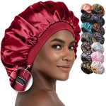 CAPLORD Adjustable Satin Bonnet for Sleeping - Double-Layer Silk Bonnet for Curly Hair, Braids & Locs. Large Satin Sleep Hair P for Women & Men - Burgundy