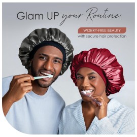 CAPLORD Adjustable Satin Bonnet for Sleeping - Double-Layer Silk Bonnet for Curly Hair, Braids & Locs. Large Satin Sleep Hair P for Women & Men - Burgundy