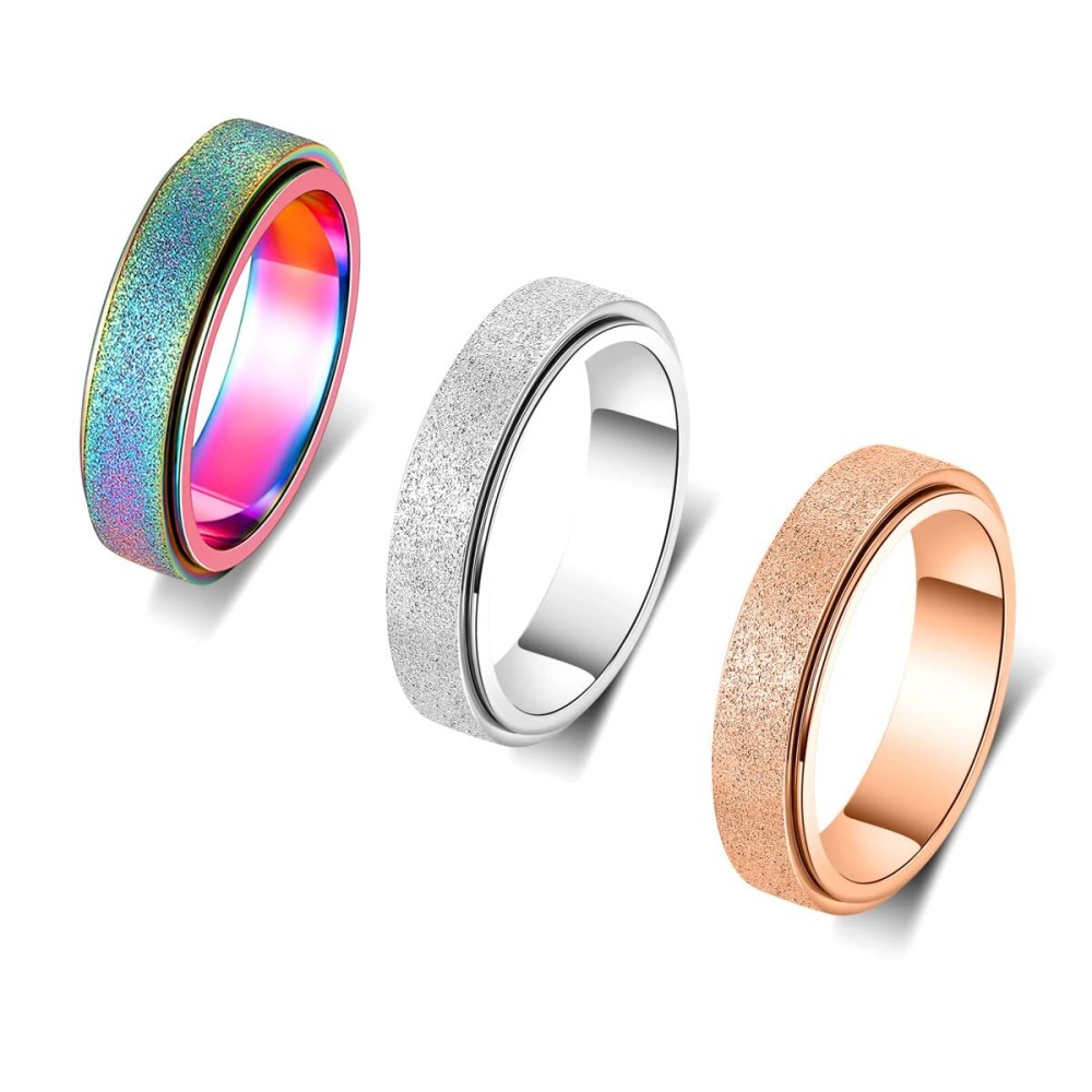 Fidget Spinner Ring Anxiety Ring for Women Men Fidget Toys Adults Thumb Ring Titanium Stainless Steel 3 Colors Set Size 10 Width 6MM Rainbow Silver Rose gold Sandblasted Finished