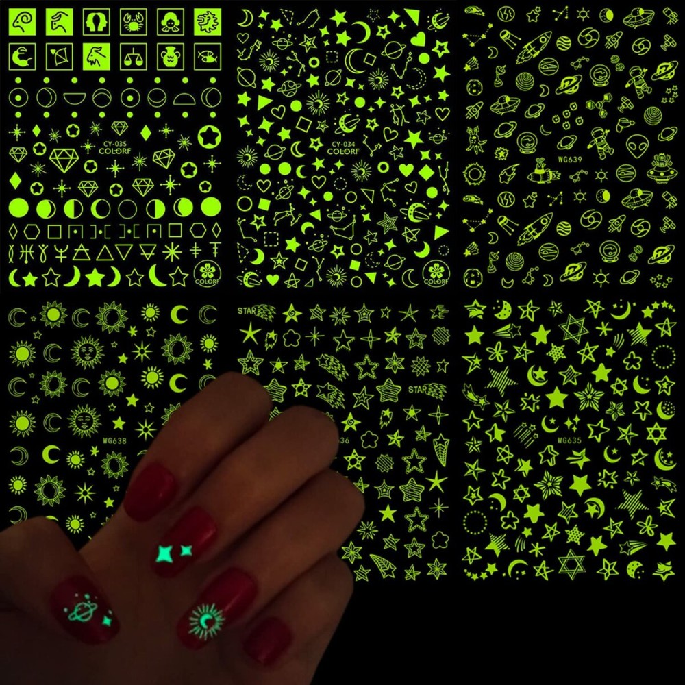 Luminous Nail Art Stickers, Fluorescent Nail Self-Adhesive Decals, Glow in The Dark Nail Art Design, Sun Moon Stars Love Heart Nail Sticker Decoration for Women Girls Manicure 3D Nail Decal(6 Sheets) Luminous Nail Art Stickers, Fluorescent Nail Self-Adhesive Decals, Glow in The Dark Nail Art Design, Sun Moon Stars Love Heart Nail Sticker Decoration for Women Girls Manicure 3D Nail Decal(6 Sheets)