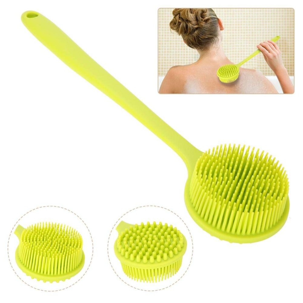 Double-Sided Shower Brush, Silicone Bendable 15Inch Long Handle Exfoliating Massage Body Brush Scrubber for Women, Elderly and Children Sensitive Skin Bath Tool