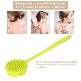 Double-Sided Shower Brush, Silicone Bendable 15Inch Long Handle Exfoliating Massage Body Brush Scrubber for Women, Elderly and Children Sensitive Skin Bath Tool