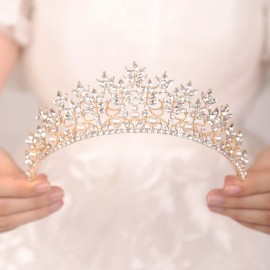 JWICOS Gold Crystal Pearl Tiara Crown for Women Princess Rhinestone Crown Headband for Brides Bridal Wedding Hair Accessories for Brides and Bridesmaid (Gold)
