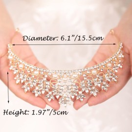 JWICOS Gold Crystal Pearl Tiara Crown for Women Princess Rhinestone Crown Headband for Brides Bridal Wedding Hair Accessories for Brides and Bridesmaid (Gold)
