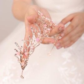 JWICOS Princess Crown for Brides Baroque Tiara and Crown for Women Bridal Pearl Bead Tiara Crystal Rhinestone Elegant for Prom Party Birthday Wedding Pageant Christmas Gifts Halloween Costume (Pink)
