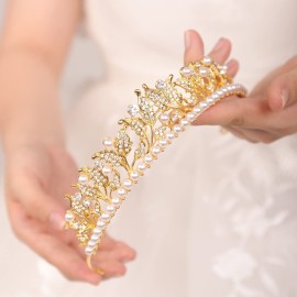 JWICOS Pearl Tiara Crown for Women Gold Queen Crown for Girls Princess Tiara Headband for Prom Pageant Party Birthday Gifts Halloween Costume Bridal Wedding Tiara for Brides and Bridesmaid (Gold)