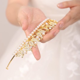 JWICOS Pearl Tiara Crown for Women Gold Queen Crown for Girls Princess Tiara Headband for Prom Pageant Party Birthday Gifts Halloween Costume Bridal Wedding Tiara for Brides and Bridesmaid (Gold)