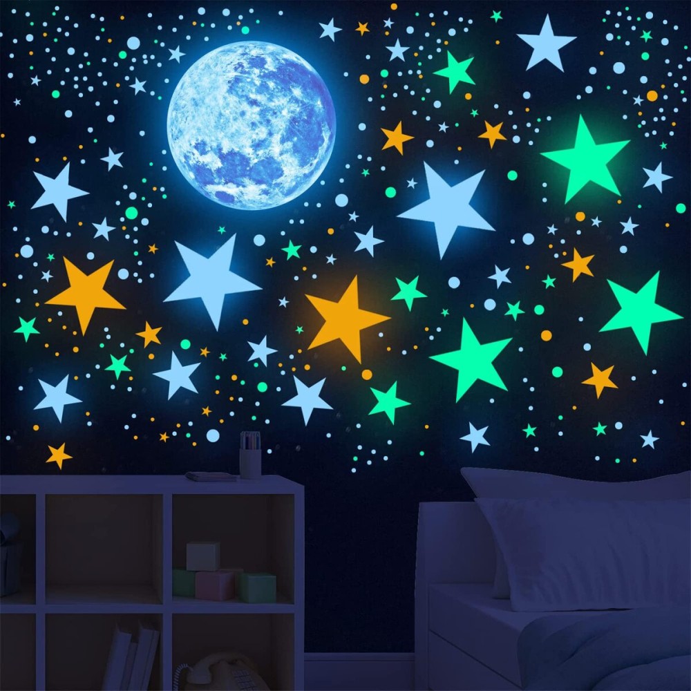 Glow in The Dark Stars and Moon Ceiling Wall Decal Colorful Glowing Space Galaxy Wall Stickers for Kids Boys Girls Bedroom Living Room Nursery Decor