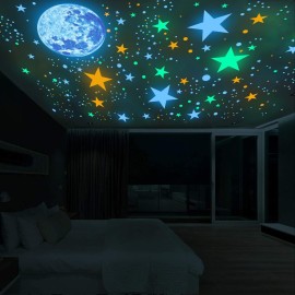 Glow in The Dark Stars and Moon Ceiling Wall Decal Colorful Glowing Space Galaxy Wall Stickers for Kids Boys Girls Bedroom Living Room Nursery Decor