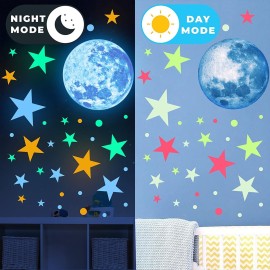 Glow in The Dark Stars and Moon Ceiling Wall Decal Colorful Glowing Space Galaxy Wall Stickers for Kids Boys Girls Bedroom Living Room Nursery Decor