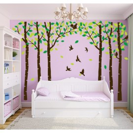 Six Birch Tree Wall Decals Birds Cute Squirrel Forest Wall Stickers for Kids Room Nursery Bedroom Living Room Classroom Decoration (Brown,Green)