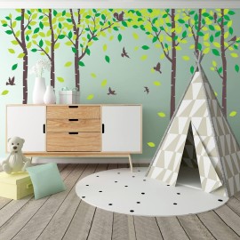 Six Birch Tree Wall Decals Birds Cute Squirrel Forest Wall Stickers for Kids Room Nursery Bedroom Living Room Classroom Decoration (Brown,Green)