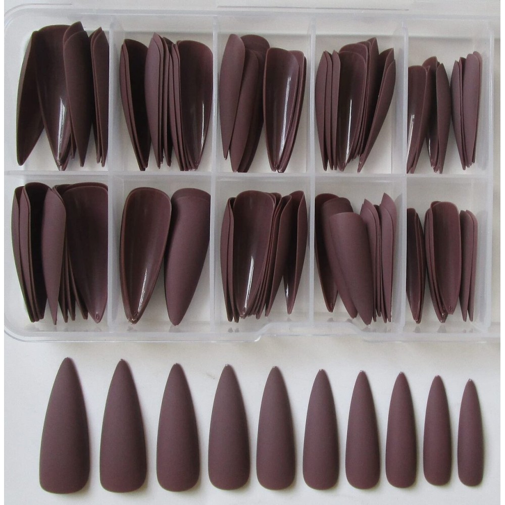 100PC Matte Stiletto Press on Nails Full Cover Pointy Claw Colored False Nails Christmas Manicure Design Decor for Salon Home DIY (Coffee)