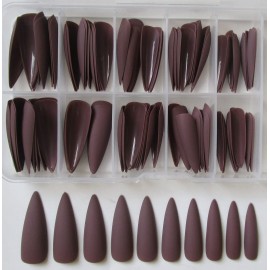 100PC Matte Stiletto Press on Nails Full Cover Pointy Claw Colored False Nails Christmas Manicure Design Decor for Salon Home DIY (Coffee)