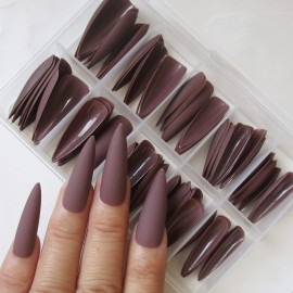 100PC Matte Stiletto Press on Nails Full Cover Pointy Claw Colored False Nails Christmas Manicure Design Decor for Salon Home DIY (Coffee)