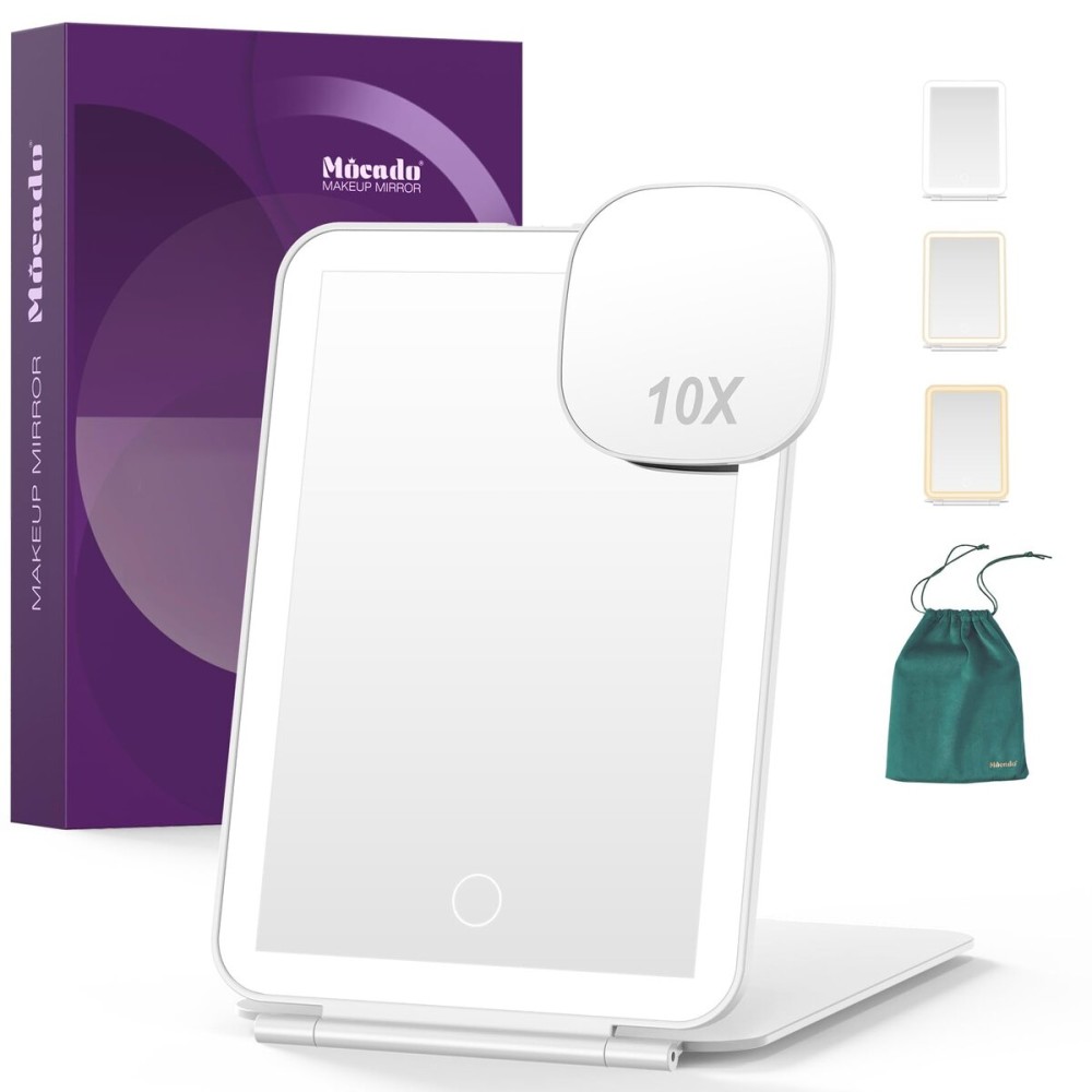 LED Foldable Travel Makeup Mirror - 5x7 inches 3 Colors Light Modes USB Rechargeable Touch Screen, Portable Tabletop Cosmetic Mirror for Travel, Cosmetic, Office (White) LED Foldable Travel Makeup Mirror - 5x7 inches 3 Colors Light Modes USB Rechargeable Touch Screen, Portable Tabletop Cosmetic Mirror for Travel, Cosmetic, Office (White)