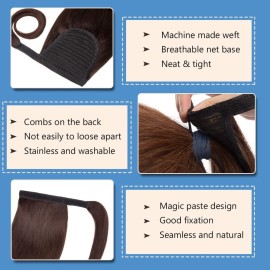 Hairro Pony Tail Hair Extainson For Women Wrap Around Pony Tail Hairpieces 100% Human Hair Remy Long Straight Ponytails Clip On Ponytail Hairpieces Accessory 16inch 80g 02 Dark Brown
