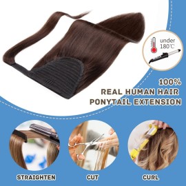Hairro Pony Tail Hair Extainson For Women Wrap Around Pony Tail Hairpieces 100% Human Hair Remy Long Straight Ponytails Clip On Ponytail Hairpieces Accessory 16inch 80g 02 Dark Brown