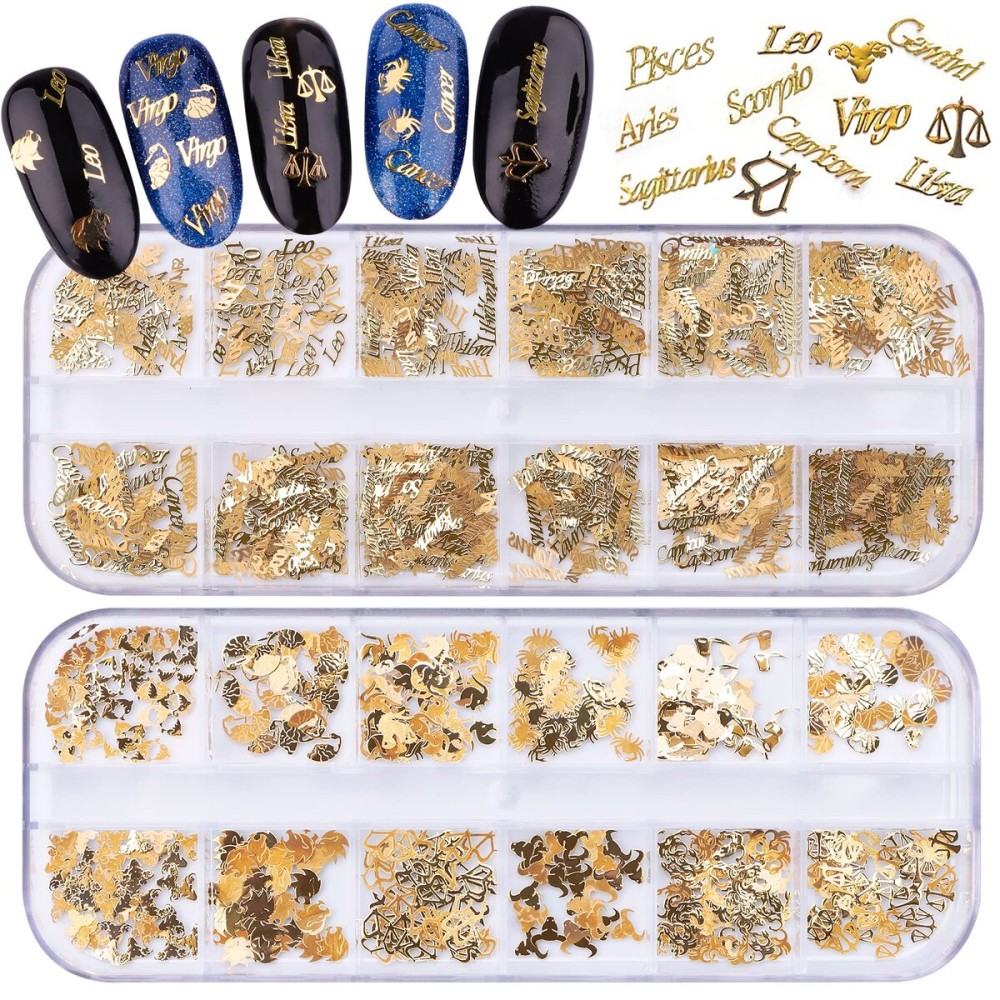 EBANKU 2 Boxes Zodiac Nail Charm, 3D Gold Twelve Constellation Charms for Nail Art, Alloy Nail Sequins Aquarius Nail Charms for Nail Art Decoration EBANKU 2 Boxes Zodiac Nail Charm, 3D Gold Twelve Constellation Charms for Nail Art, Alloy Nail Sequins Aquarius Nail Charms for Nail Art Decoration