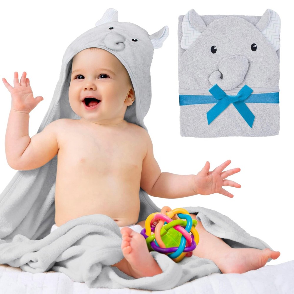 PUREVACY Hooded Baby Towels 33 x 33 Inch. Light Gray Terry Cotton Bath Towels Hooded with Elephant Face and Ears. Hooded Towels for Baby. Soft Toddler Towels for Boy, Girl. Absorbent Hooded Towel