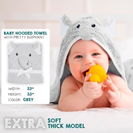 PUREVACY Hooded Baby Towels 33 x 33 Inch. Light Gray Terry Cotton Bath Towels Hooded with Elephant Face and Ears. Hooded Towels for Baby. Soft Toddler Towels for Boy, Girl. Absorbent Hooded Towel