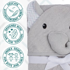 PUREVACY Hooded Baby Towels 33 x 33 Inch. Light Gray Terry Cotton Bath Towels Hooded with Elephant Face and Ears. Hooded Towels for Baby. Soft Toddler Towels for Boy, Girl. Absorbent Hooded Towel