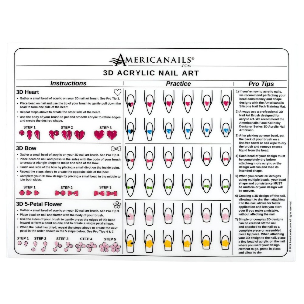 Americanails 3D Acrylic Nail Art Training Mat - Silicone Trainer Sheet for 3D Acrylic Nail Art Design - Step-by-Step Instructions & Diagrams - Create Hearts, Bows & Flowers - Protects Desk Surface Americanails 3D Acrylic Nail Art Training Mat - Silicone Trainer Sheet for 3D Acrylic Nail Art Design - Step-by-Step Instructions & Diagrams - Create Hearts, Bows & Flowers - Protects Desk Surface